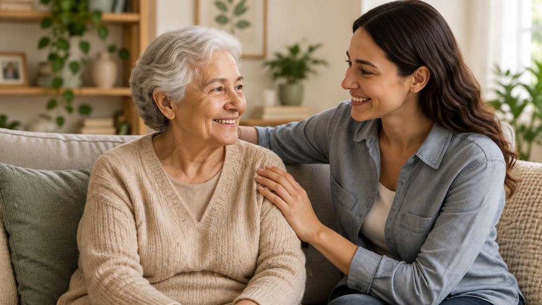 Mulher idosa sorrindo ao lado de uma cuidadora, sentadas juntas em ambiente doméstico acolhedor.
