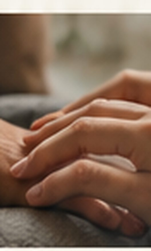 Close de duas pessoas de mãos dadas, em gesto de apoio e acolhimento.