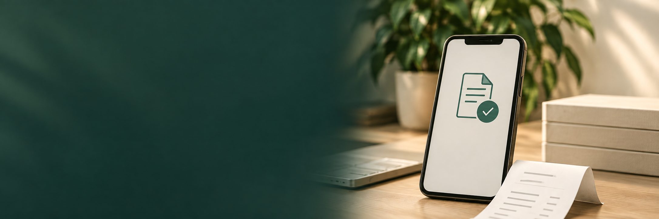 Celular exibindo ícone de documento com confirmação, sobre uma mesa de madeira.