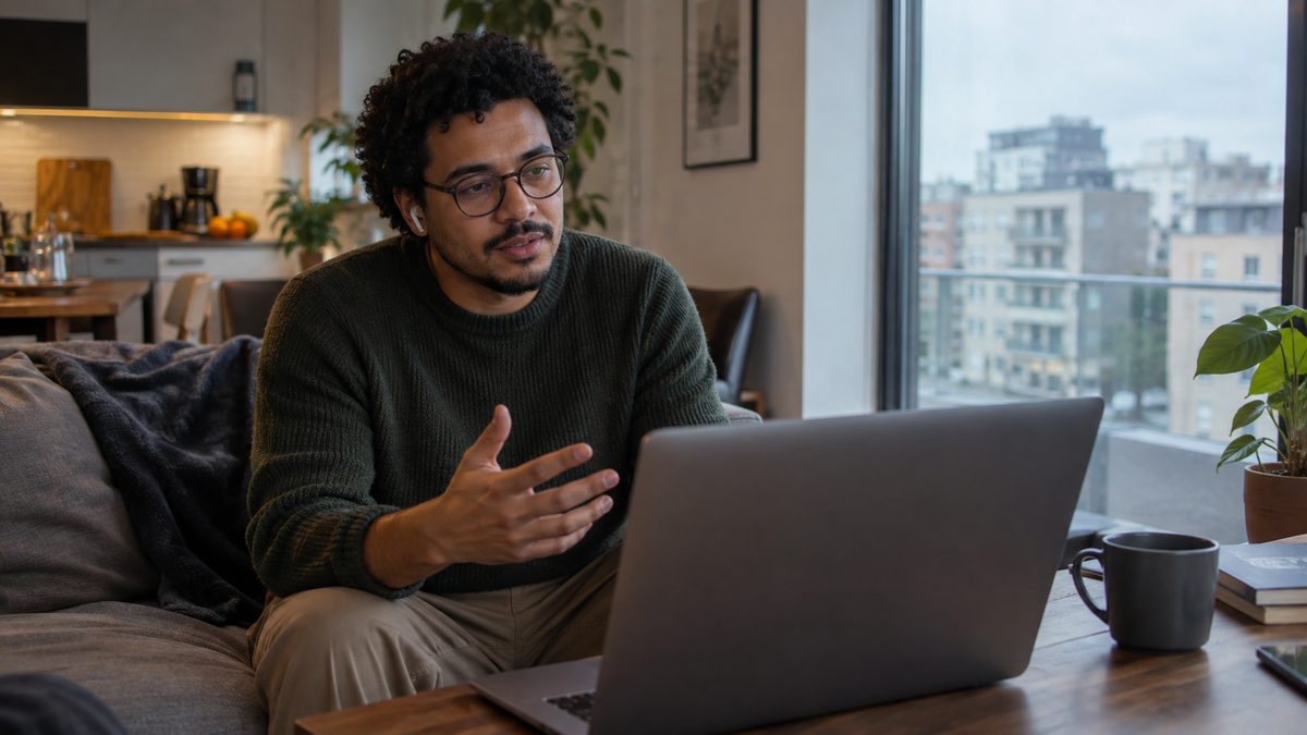 Homem em videochamada de terapia pelo notebook, em apartamento no exterior.