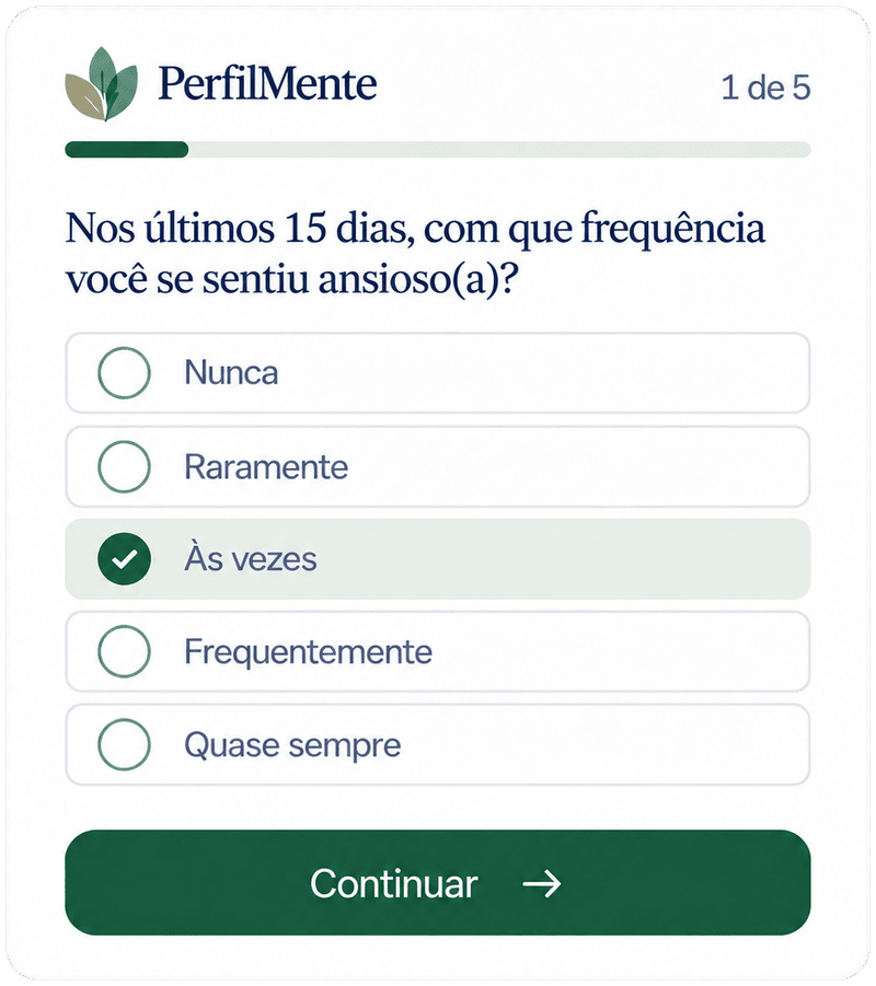 Simulação da tela do questionário PerfilMente: pergunta sobre a frequência de ansiedade nos últimos 15 dias, com a opção 'Às vezes' selecionada.