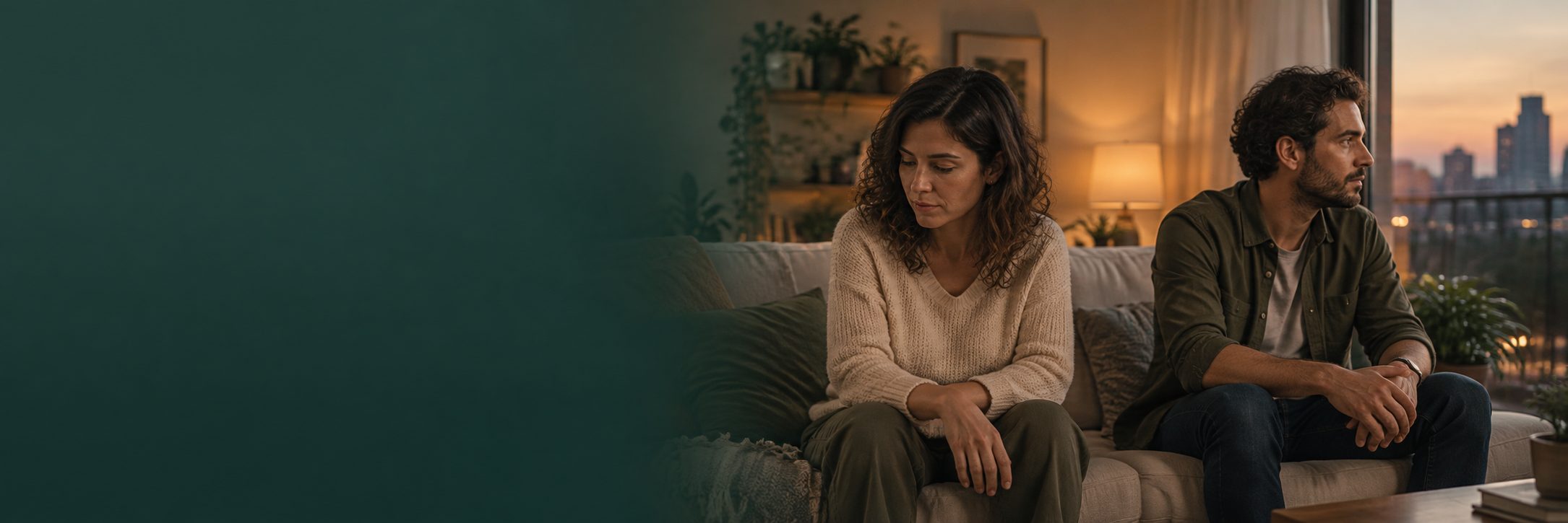 Casal sentado no sofá, emocionalmente distante após uma conversa, em uma sala acolhedora.